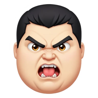 chubby young angry man in profile view with black hair, sharp fangs, crossed eyes, exaggerated long tongue sticking out sticker