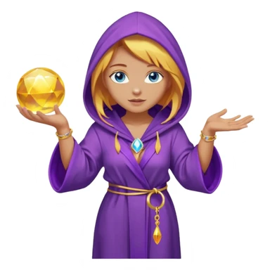lightly tanned skin, blue eyes, cute and sexy girl with bright yellow-brown hair in a few shades of purple robe with hood, golden rings, slight cute makeup, full body, slightly turned aside pose, holding a magical ball (for future prediction) sticker