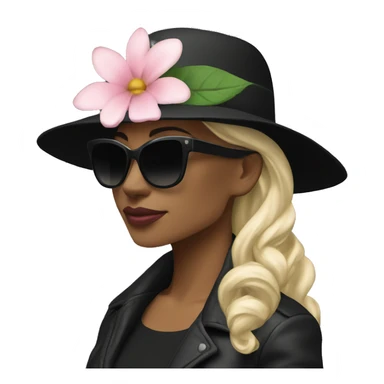  woman wearing a black hat adorned with a white flower and smaller decorative flowers. She is also wearing black sunglasses and a shiny pink jacket over a black top. She appears in a side profile pose , her head slightly tilted back. White skin sticker