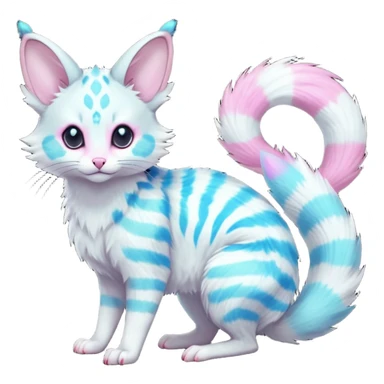  cute adorable whitish pastel fur with glowing random colorful neon-markings iridescent beautiful elegant pretty precious cute young youthful  Fakémon-Pokémon-alien-opossum-feline-serval-caracal-chinchilla-Minccino-hybrid-creature with a big fluffy bushy striped tail (full body) sticker