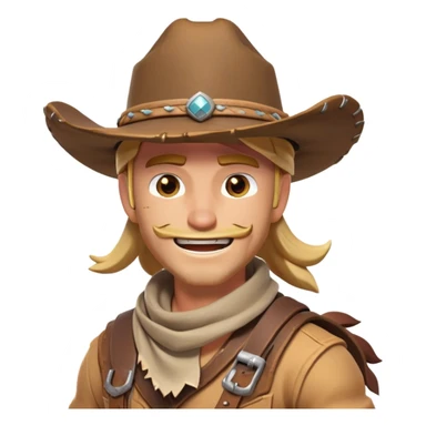 clash-of-clans-aesthetic_-cinematic-playful-cowboy-portrait-emoji, head-tilted with a roguish, cheeky grin and twinkling eyes, featuring a rugged, spirited build with a wide-brimmed cowboy hat and a weathered bandana on tan skin, riding a powerful galloping horse with dynamic flowing mane, reins gripped firmly in one hand and a lasso in the other, as dust swirls behind them in a vast desert landscape. sticker