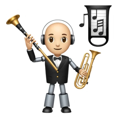 robot a sophisticated and elegant emoji that represents orchestration and arrangement. The design should feature a conductor’s baton, musical notes, and a symphonic score, symbolizing the process of arranging and orchestrating music. Incorporate instruments like a violin, trumpet, sticker