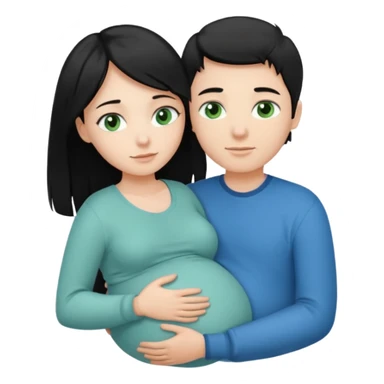 Make a couple hugging the girl is white with long black hair with blue eyes. The girl is hugging a boy with light brown short hair with green eyes. The boz is pregnant  sticker