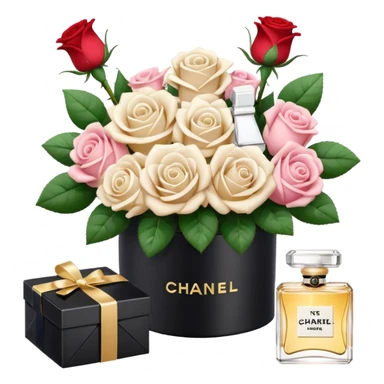 Cute white aesthetic emoji stickers set, including roses bouquet, engagement ring box, envelope with flowers, Chanel perfume, 3D render, glossy texture, delicate details, minimalist background, sticker style,  sticker