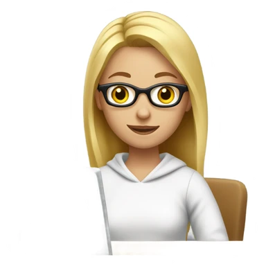 A girl tutor with glasses and blonde hair is sitting at a computer in a white sweatshirt sticker