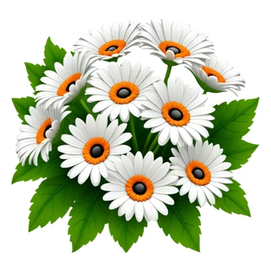 bouquet White Gerbera Daisy, luxuriant, leaf, bud, black pollen, orange style sticker