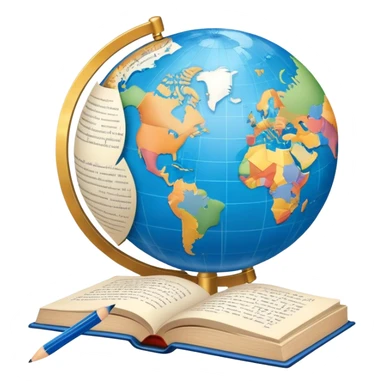 An icon featuring a globe with speech bubbles in different languages, symbolizing the study of foreign languages. The design includes a book and a pencil, representing learning and communication across cultures. Transparent background highlights the global nature of language education. sticker