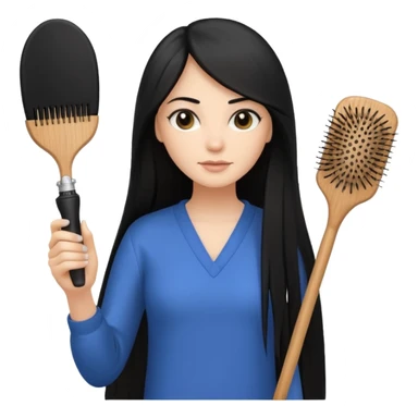 A white woman with long, straight black hair, holding a spray bottle in one hand and a wooden paddle hairbrush in the other. sticker