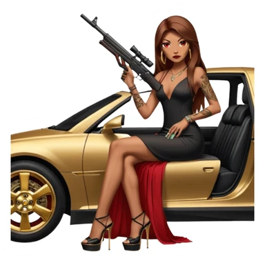 Lilith tan skinfemale red eyes symbol. Tattoo arms. Her hair is brown straight long hair.wearing sexy long elegant dress with slit. black stiletto thick platform high heels shoes on. Sitting on gold giant luxury car with cash inside . She is holding a sniper rifle in one hand cash in other hand sticker