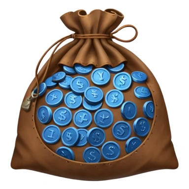 brown money bag full off blue coins inside sticker