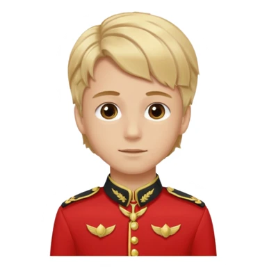 SARI SAÇLI SAÇININ YARISI SOLA DOĞRU DİĞERİNİN SAĞ TARAFTA AMA DÜZ DURAN KAHVERENGİ GÖZLÜ UZUN KİRPİKLİ BUĞDAY RENKLİ KIRMIZI ÜNİFORMALI BİR ERKEK ÇOCUK sticker