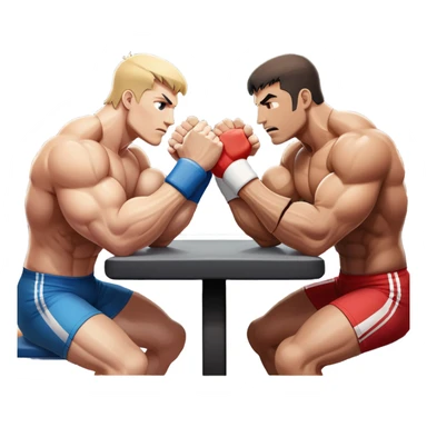 Two strong competitors locked in an intense arm wrestling match, muscles tensed as they battle for victory. The table is well-lit, showcasing their focused expressions and powerful arm grips. The background features a competitive arena with a cheering crowd. Transparent background. sticker
