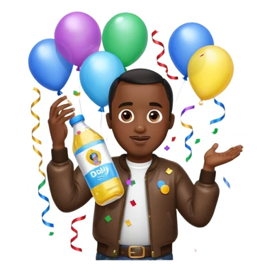 Diddy holding baby oil at a party with balloons and confetti and banners oiled up with kids oiled up sticker