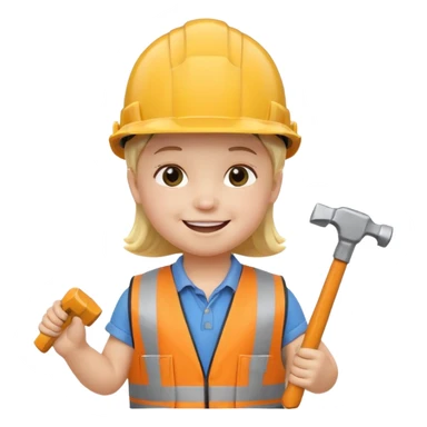 toddler wearing oversized construction helmet and safety vest holding tiny hammer, 3D emoji style sticker