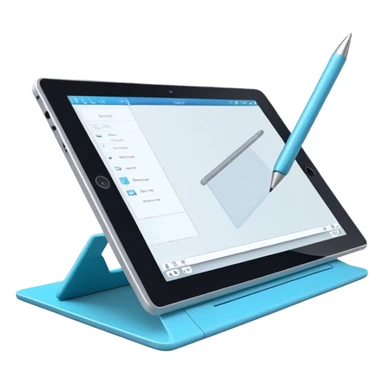 Create an emoji for 3D visualization and modeling. Show a large graphic tablet with a stylus drawing in a 3D modeling program. The 3D model on the screen should appear to protrude out of the screen. Use modern, professional colors. Make the background transparent. sticker