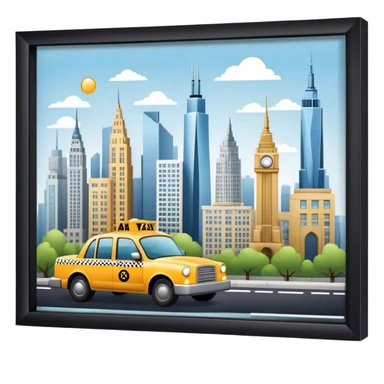 Icon for Urban Tourism: a skyline with iconic city landmarks, like skyscrapers, a subway, and a taxi, with travel accessories like a camera and map. The icon should represent the excitement of exploring urban environments. Transparent background. sticker