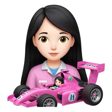 long black haired girl kid playing pink colored formula 1 car toy sticker