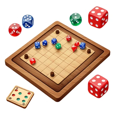 A photorealistic icon featuring a wooden board with a variety of game pieces, dice, a spinning top, and a set of colorful tokens. The design includes a rich, detailed texture of the board and game pieces, capturing the fun and strategy of different tabletop games. Transparent background. sticker