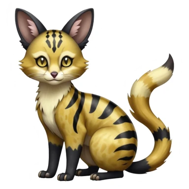 Hyper realistic  obsidian fur etched with molten gold fault-lines and dark mirror shine beautiful elegant pretty precious cute  Fakémon-Pokémon-opossum-feline-serval-caracal-chinchilla-Furret-Minccino-hybrid-creature with a big fluffy bushy tail (full body) sticker