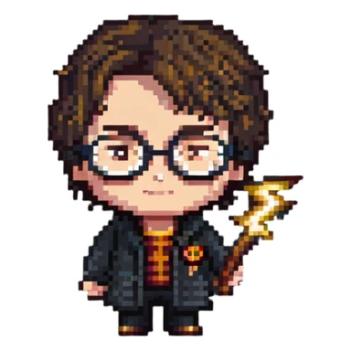 Harry Potter character with glasses and lightning bolt scar in pixel art style sticker