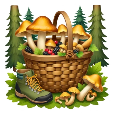 Icon for Mushroom and Berry Tourism: a basket filled with mushrooms chanterelles, boletus and aspen and berries, surrounded by forest elements like trees, leaves and a hiking boots. The icon should capture the joy of foraging in nature. Transparent background. sticker