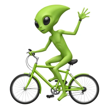 green alien riding a bicycle, big black eyes, thin body, casual cycling pose, playful sci-fi vibe, 3D cartoon, mobile game icon style, clean background, no text, no watermark
 sticker