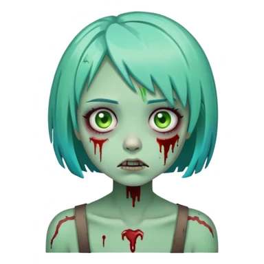 cartoon zombie girl with short turquoise hair bob cut, green decaying skin, bloody scars sticker