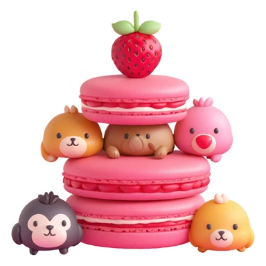 A 3D iOS style emoji of a pink macaron with a strawberry on top and three cute animals peeking out from between the layers. The macaron should have a glossy finish and soft shadows, with a light yellow background and small yellow stars scattered around. sticker