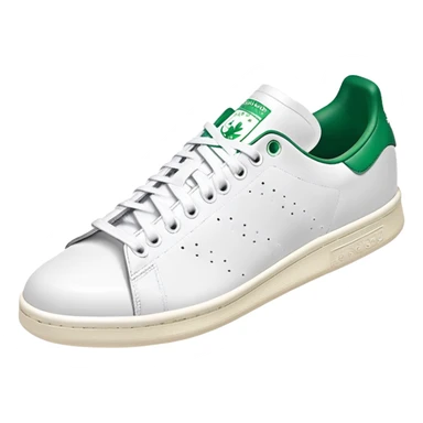 Classic white Adidas Stan Smith sneaker with green heel tab, white leather body, side view, perforated three stripes, iOS emoji style sticker