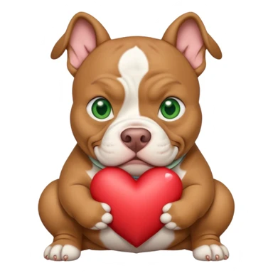 Tan and white American xl bully with green eyes and stocky head cropped ears Holding a heart sticker