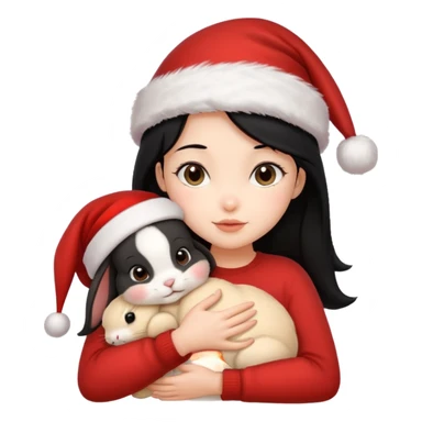 Girl black hair hugging one beige rabbit christmas sticker