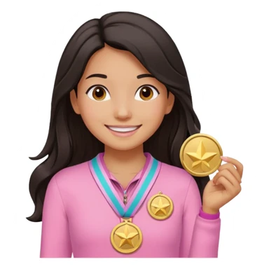 black haired girl wearing pastel pink with one medal, remove any hats, make her smile, make her hair longer, make her tan sticker