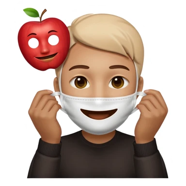 character holding a happy face mask in front of its face, but behind the mask the character has a sad expression, apple emoji style sticker