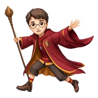 Cartoon-style illustration of Harry Potter flying on a broomstick, Gryffindor red and gold outfit, expressive face, dynamic motion, magical vibe, smooth shading, vibrant colors, no background, transparent background, isolated character. sticker