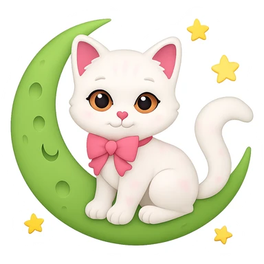 Add small yellow stars around the green moon, keep the cute kitten with pink bow, in emoji style with no background. sticker