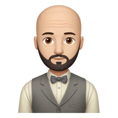 bald headed brown eyes groom with dark beard cream shirt grey vest sticker
