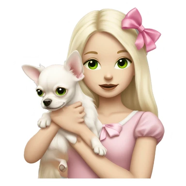 pale blond girl with long platinum hair with green eyes holding a white chihuahua puppy that wearing a pink bow sticker