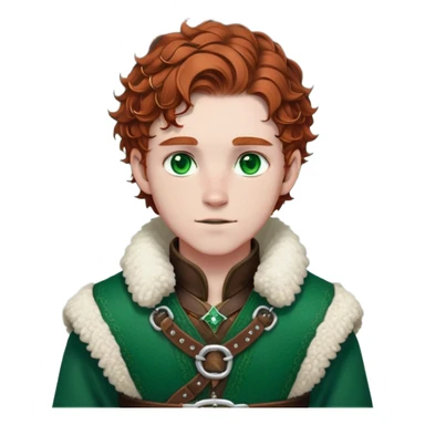 Medieval winter outfit worn by a DnD themed fantasy male character. Rich brown leather-trimmed wool tunic with sheepskin lining, featuring intricate metal buckles at the collar, paired with a heavy braided belt. Clothes only above the waist, full waist coverage. The character has no arms. Character is white-skinned with auburn hair, emerald green eyes, and short curly hair beneath a light dusting of snow. sticker