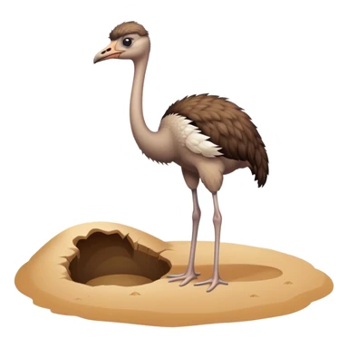 An ostrich standing next to a hole, with their head in the hole in the sand. sticker