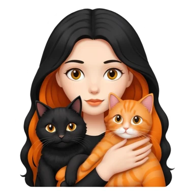 A black long haired girl holding a black cat and an orange long haired cat sticker