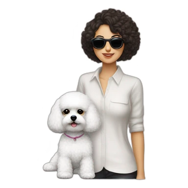 mujer cabello obscuro largo gafas y perro bichon maltés blanco sticker