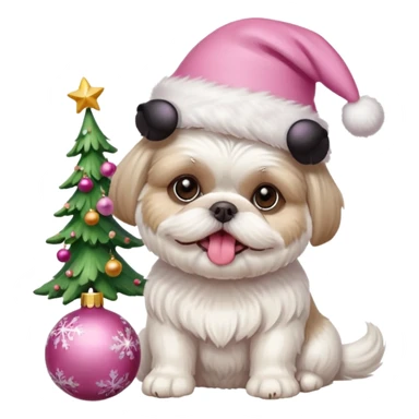 one white all over little shih tzu dog short hair with tongue hanging out sitting with light pink christmas hat sitting next to pink ornament sticker