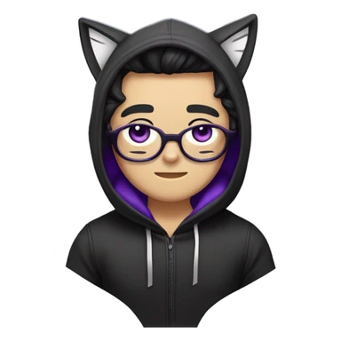 Male human upper body with cat whiskers and black/white hair divided in the middle, dressed in a black hoodie with cat ears and Lilia ear muffs and purple ribbons, eye color also purple. sticker