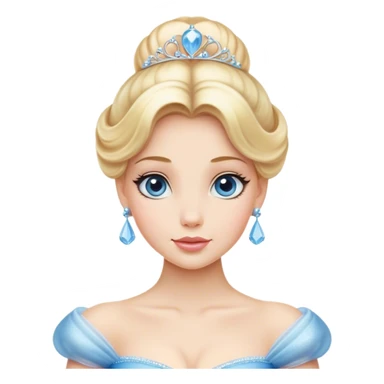 Cinematic Elegant Cinderella Portrait Emoji, rendered in a cinematic, vector-style with minimal shading and bold, simplified shapes. Depict Cinderella in her classic ball gown (chest and above) with fair, porcelain skin and elegantly styled blonde hair, her eyes soft and kind, and her expression serene and graceful. The design glows with a gentle, enchanting radiance and high shine, capturing the timeless beauty of a fairy tale princess. sticker