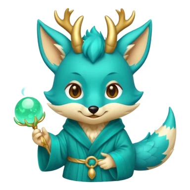 Cute chibi teal fox-dragon emoji with small antler horns, playful face with tongue out, swirl eyebrows, gold forehead mark, teal-gold robe, holding glowing blue orbs, soft pastel vector style. sticker