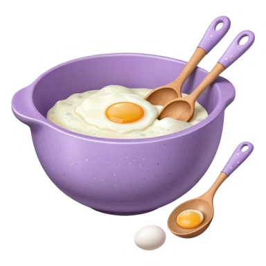 a lilac ceramic mixing bowl with a wooden spoon stirring and sitting next to it is a few eggs sticker