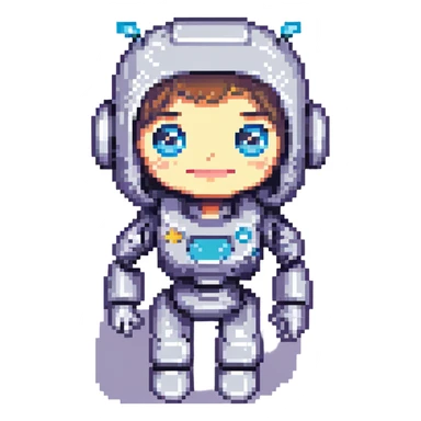 shoulders-up portrait of a cute female recruiter robot in 8-bit pixel art style, big eyes, smiling, one hand raised as if talking, soft pastel colors, less cybernetic sticker