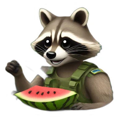 A military raccoon with a watermelon at the wheel of a car sticker