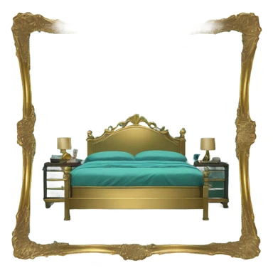 eighties bed with teal sheets and gold brass frame sticker