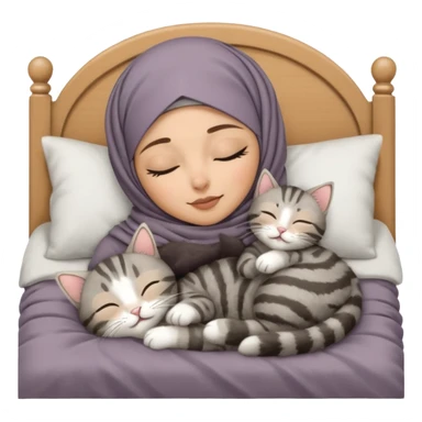 Hijabi sleeping in bed with grey tabby mum cat and kitten sticker